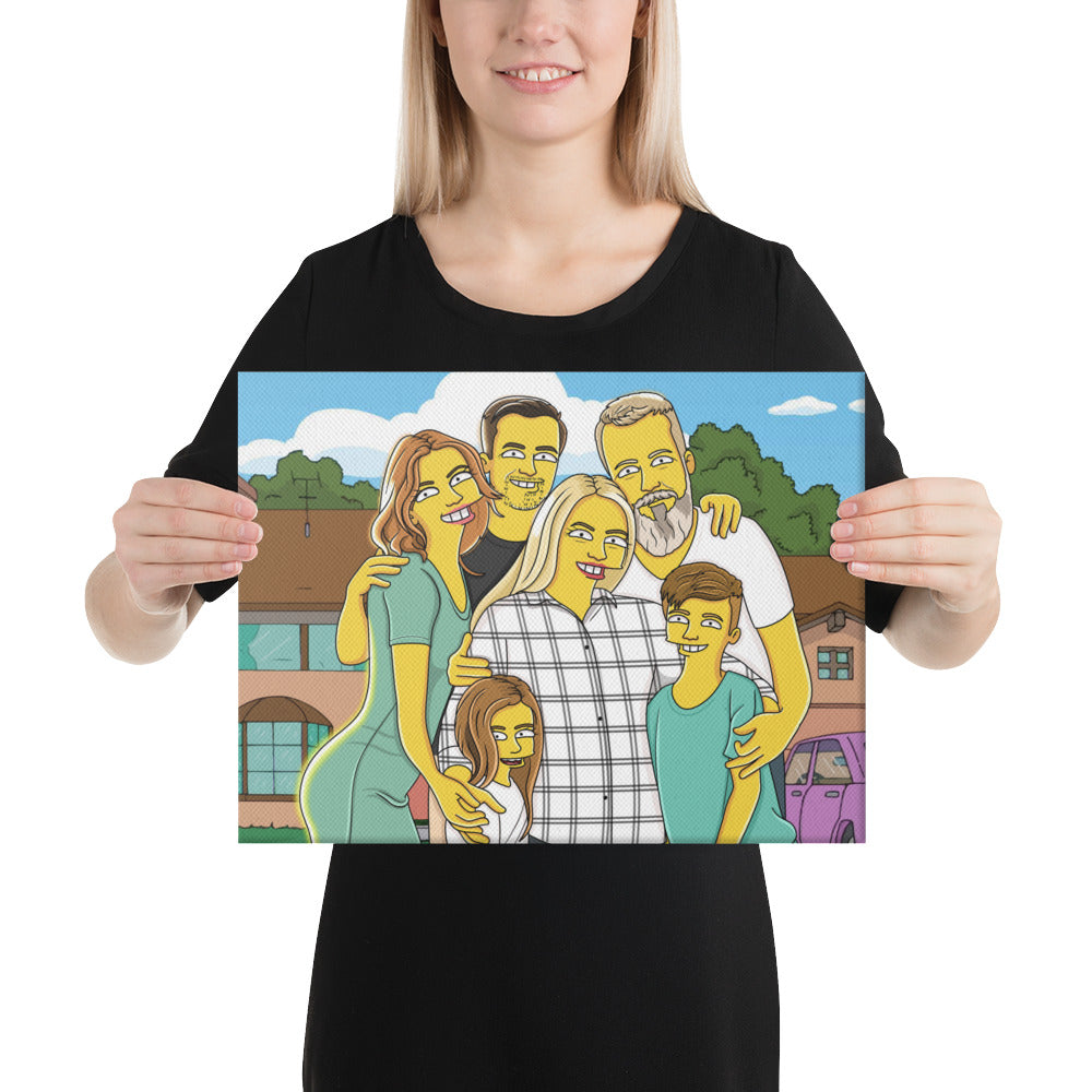 Personalized Simpsons portrait canvas. Gift idea: family cartoon illustration, custom home decor.