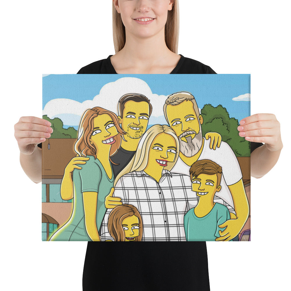 Family portrait turned into a custom Simpsons canvas painting, a personalized and unique gift idea.