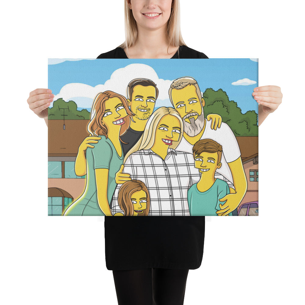 Custom Simpsons Canvas Painting featuring a happy family portrait in Springfield style. Unique gift idea.