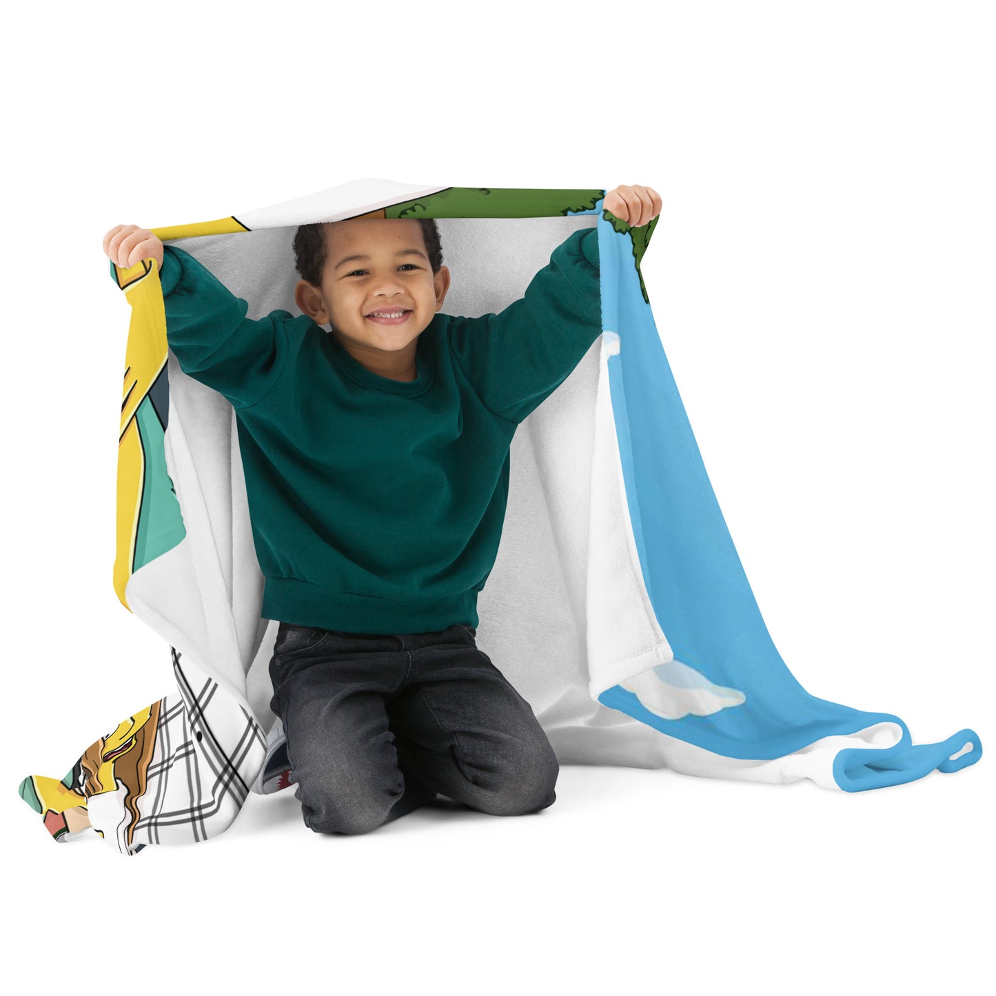 Smiling child under custom Simpsons throw blanket, showcasing personalized cartoon design. Warm & cozy for kids.
