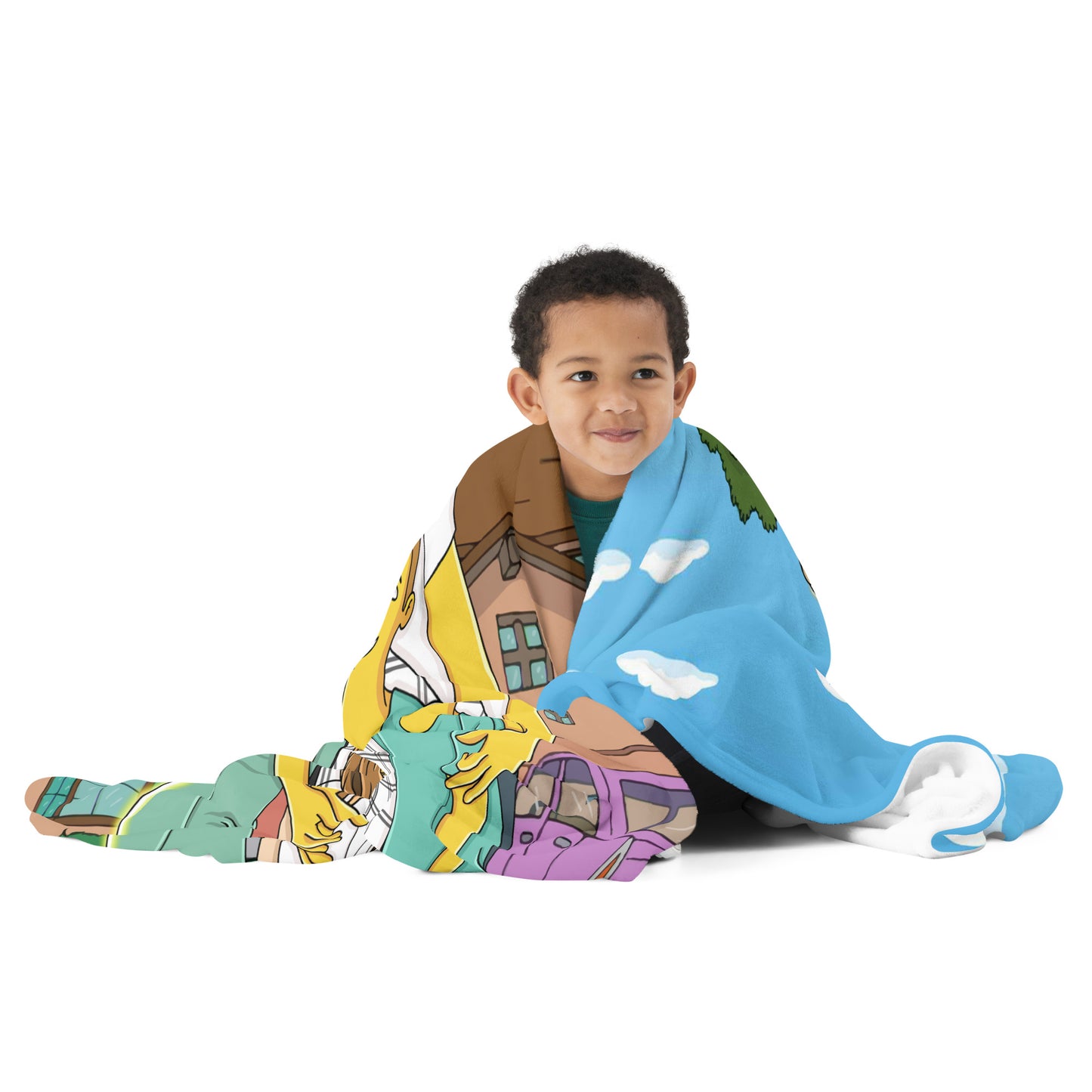 Smiling child wrapped in a custom Simpsons throw blanket featuring the family's house and car.
