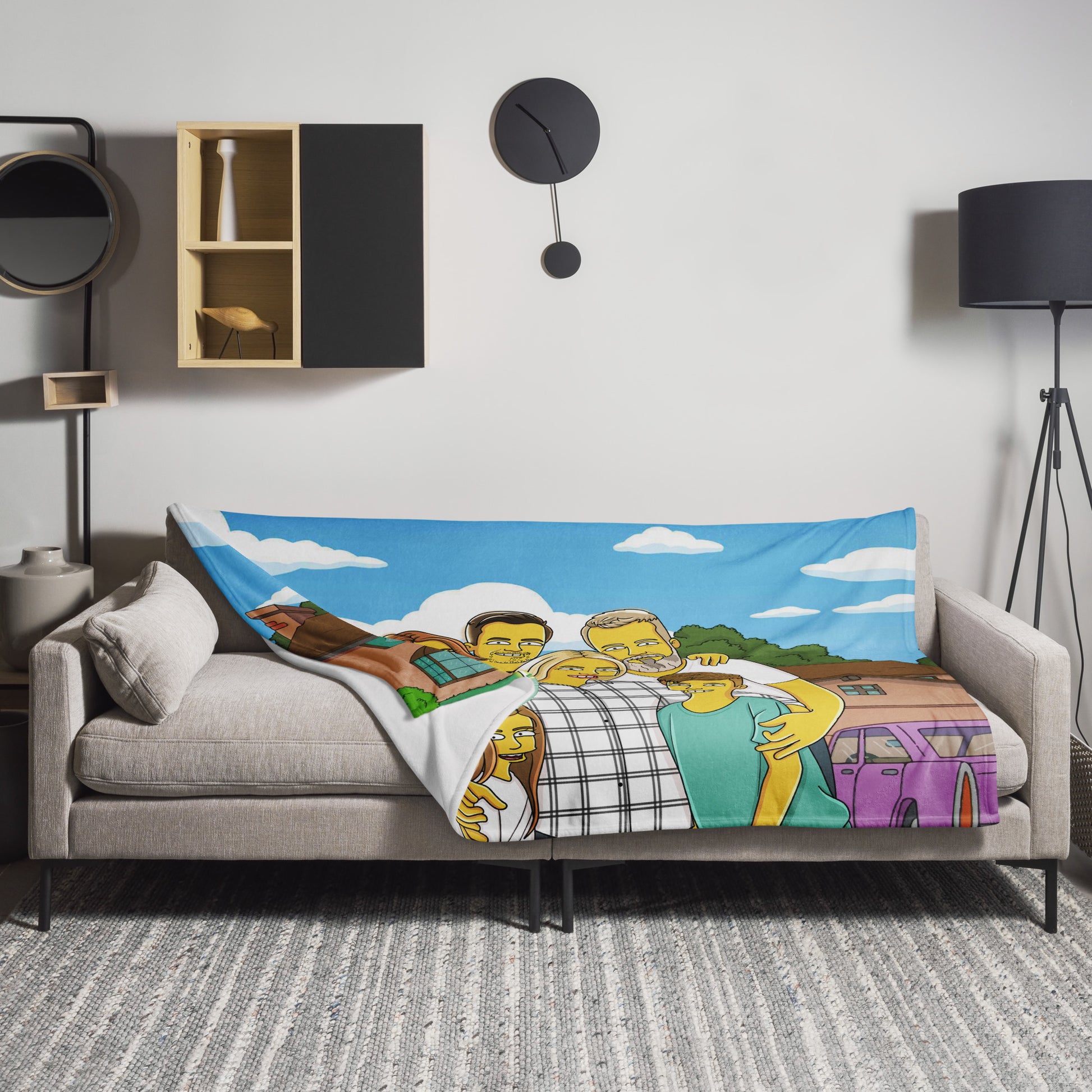Custom Simpsons throw blanket featuring a family portrait, perfect for a personalized gift or adding a unique touch to home