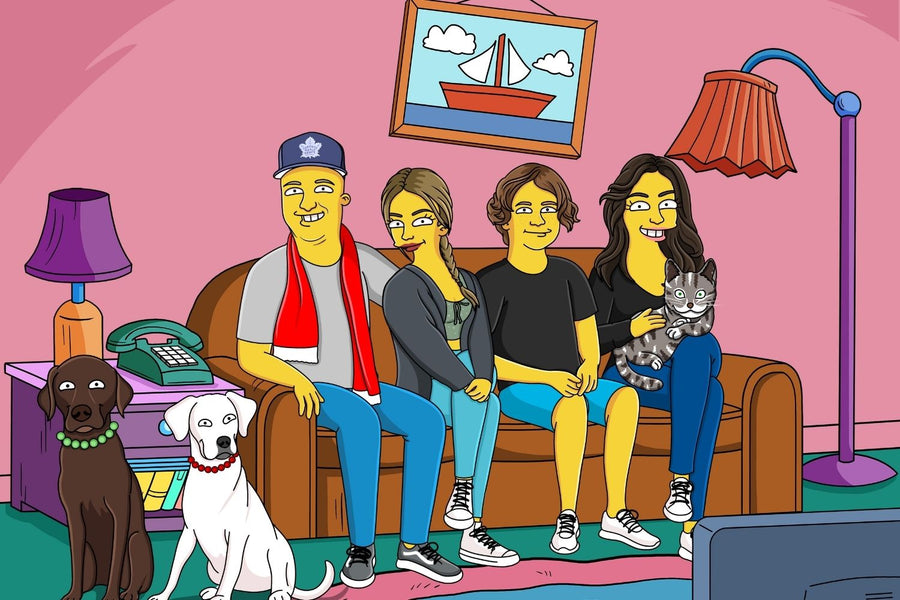 Hand-drawn Simpsons-style family portrait, digital file