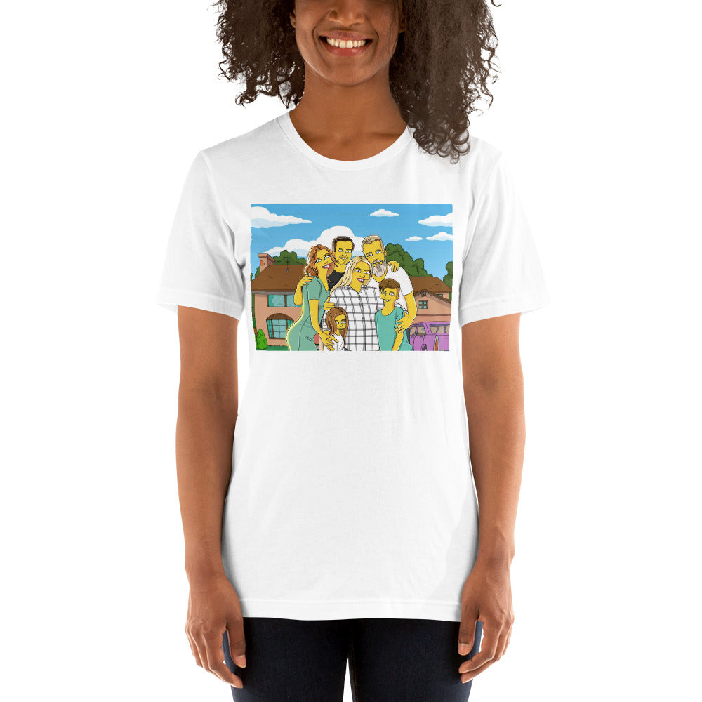 Custom Simpson's T-shirt featuring a family portrait drawn in the Simpsons cartoon style, personalized gift idea.