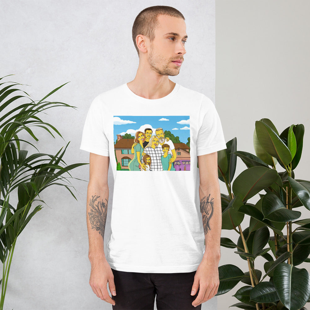 Custom Simpsons t-shirt showcasing a personalized family portrait. Unique gift idea featuring beloved characters, perfect