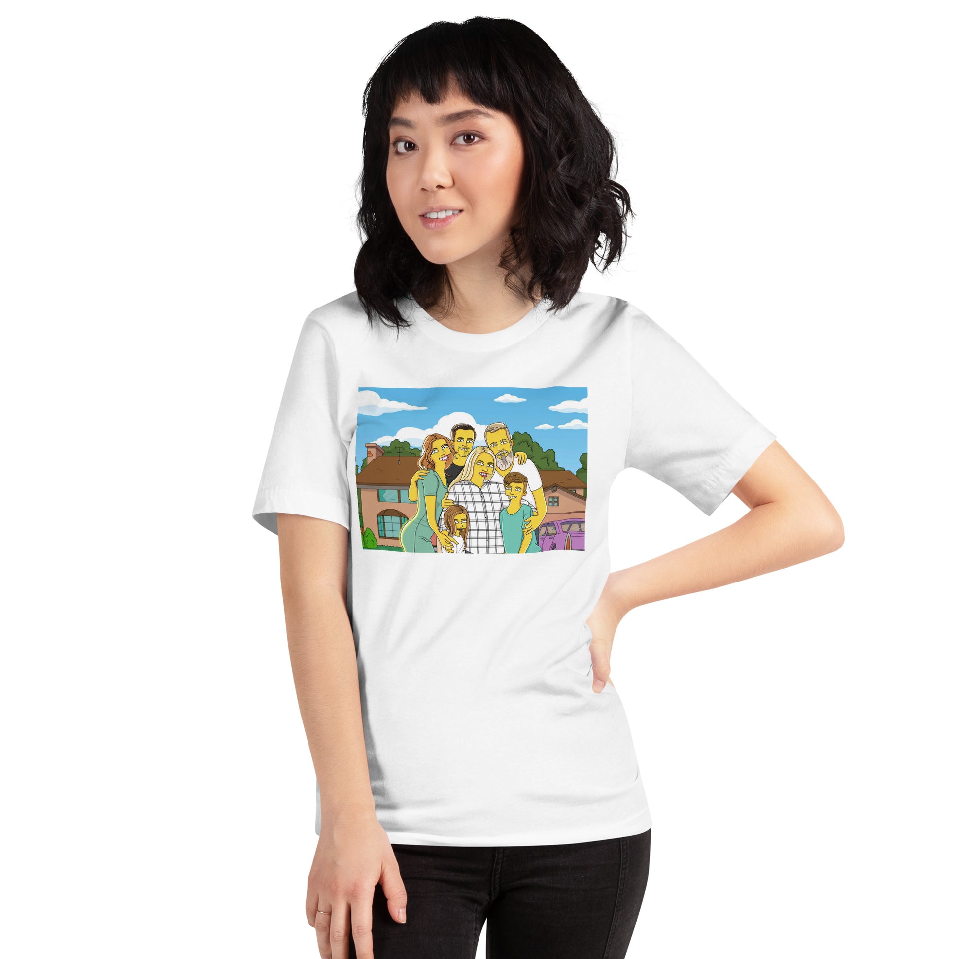 Custom Simpson's portrait T-shirt. Cartoon family stands in front of their house. Unique gift idea.
