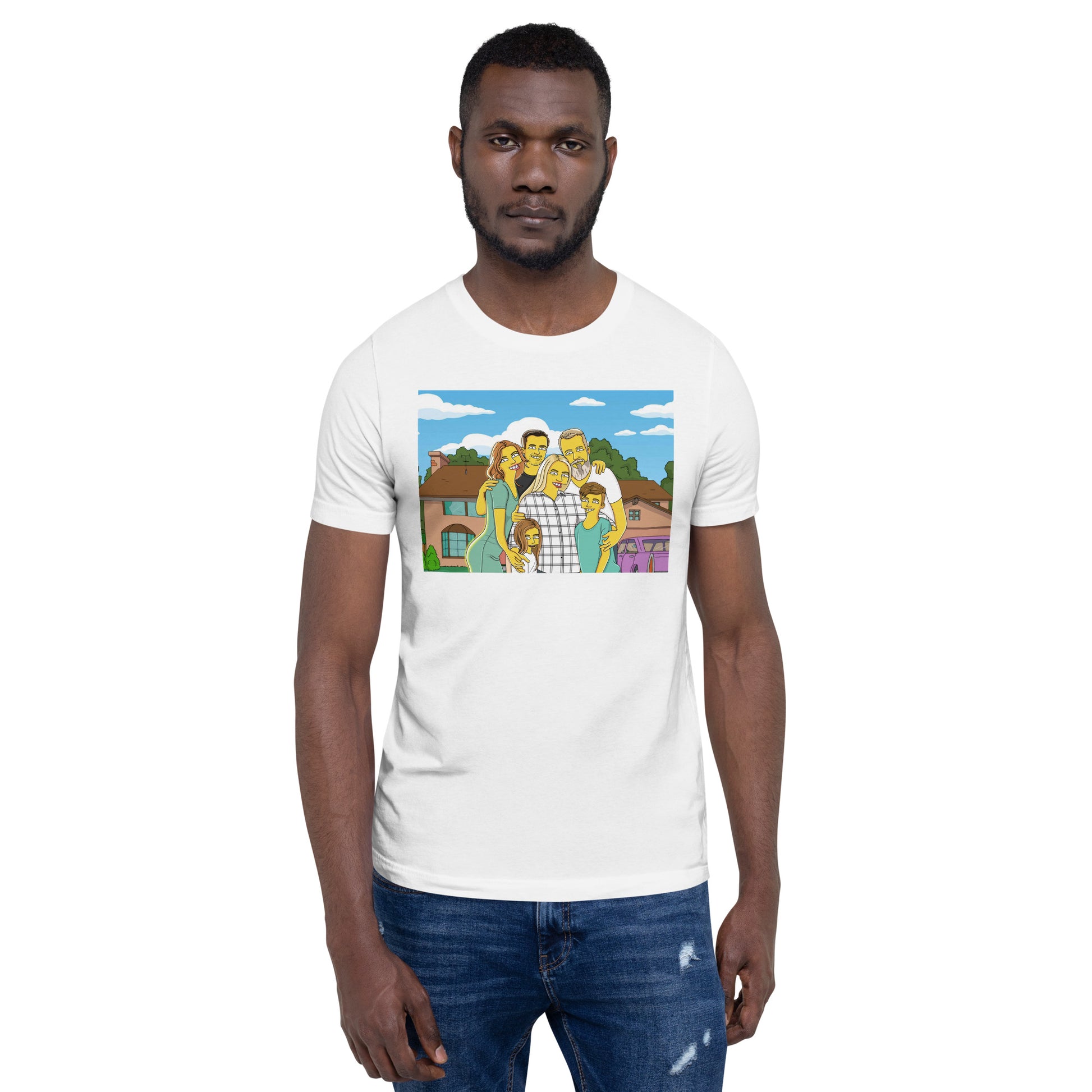 Man wearing a custom Simpsonized portrait T-shirt. Gift idea to cartoonize your family into a Simpson's character!