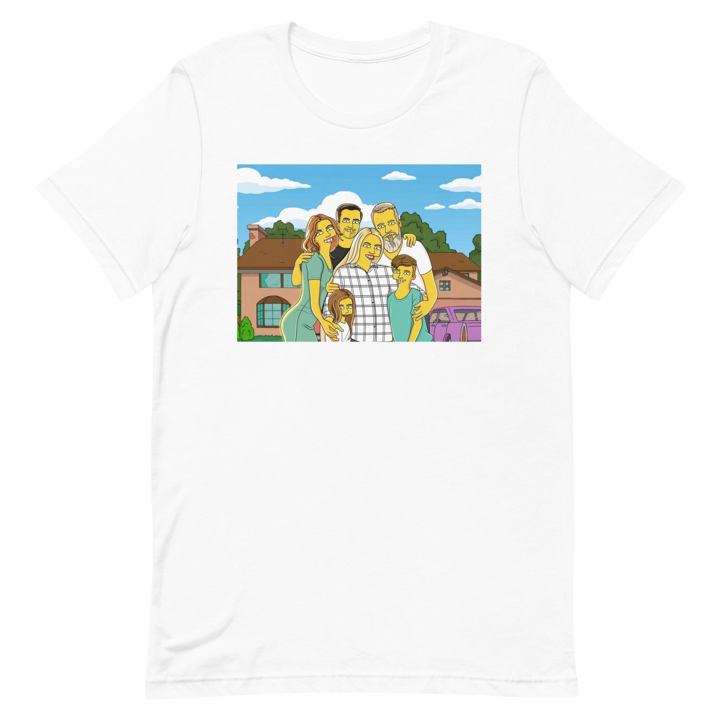 Custom Simpsons T-shirt showcasing a yellow cartoon family portrait with their house in the background.