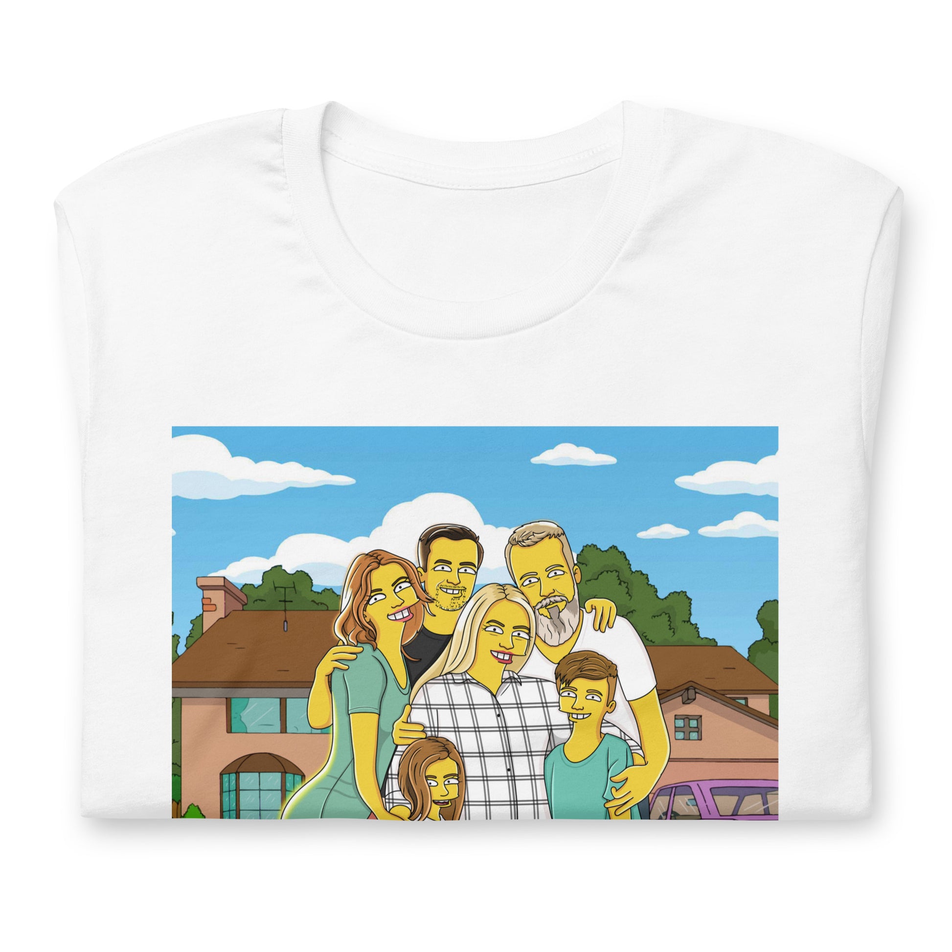 Custom Simpsons T-shirt displaying a family portrait in the iconic cartoon style, perfect for personalized gifts.