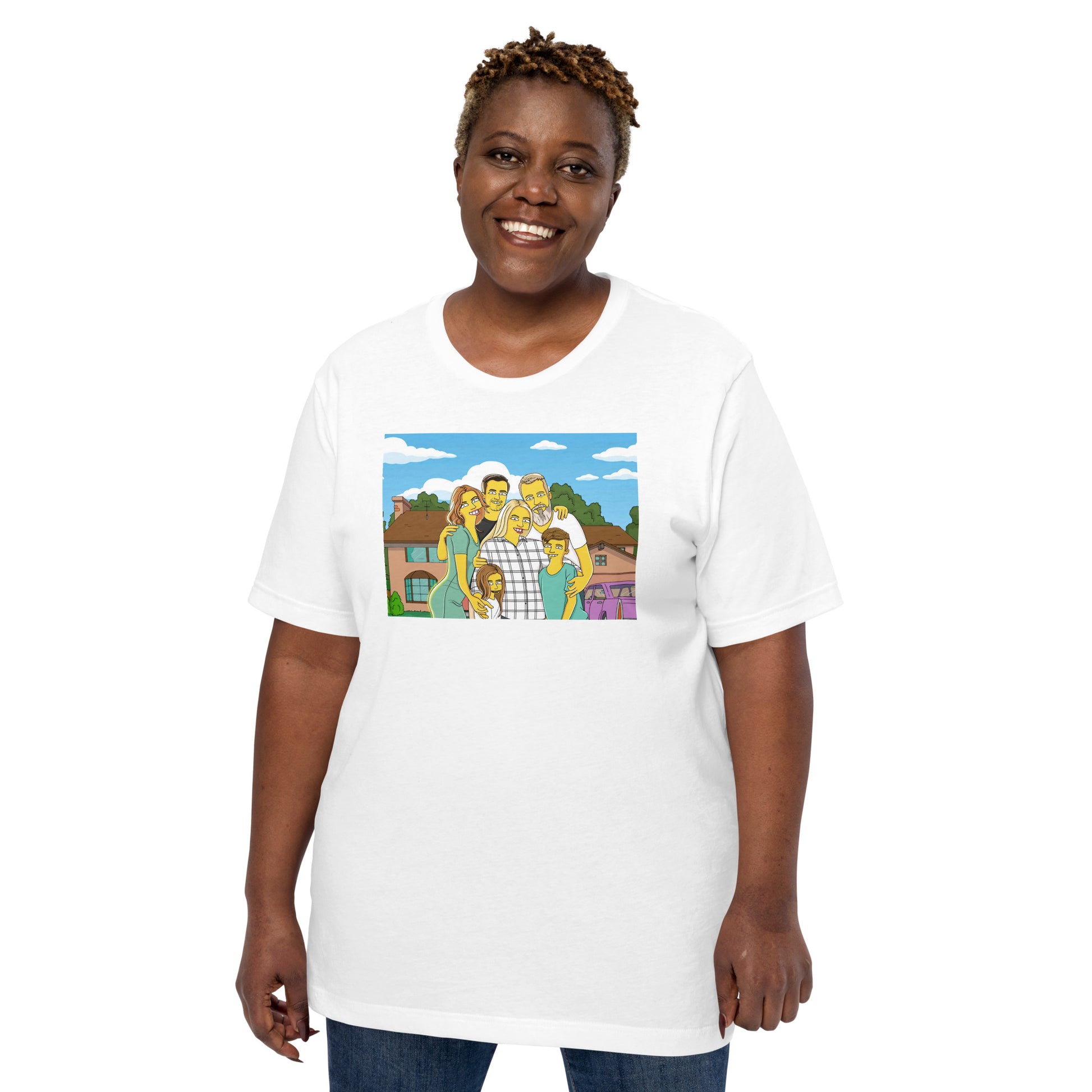Custom "Simpsons" style t-shirt showcasing a customer's family portrait, a unique personalized gift idea.