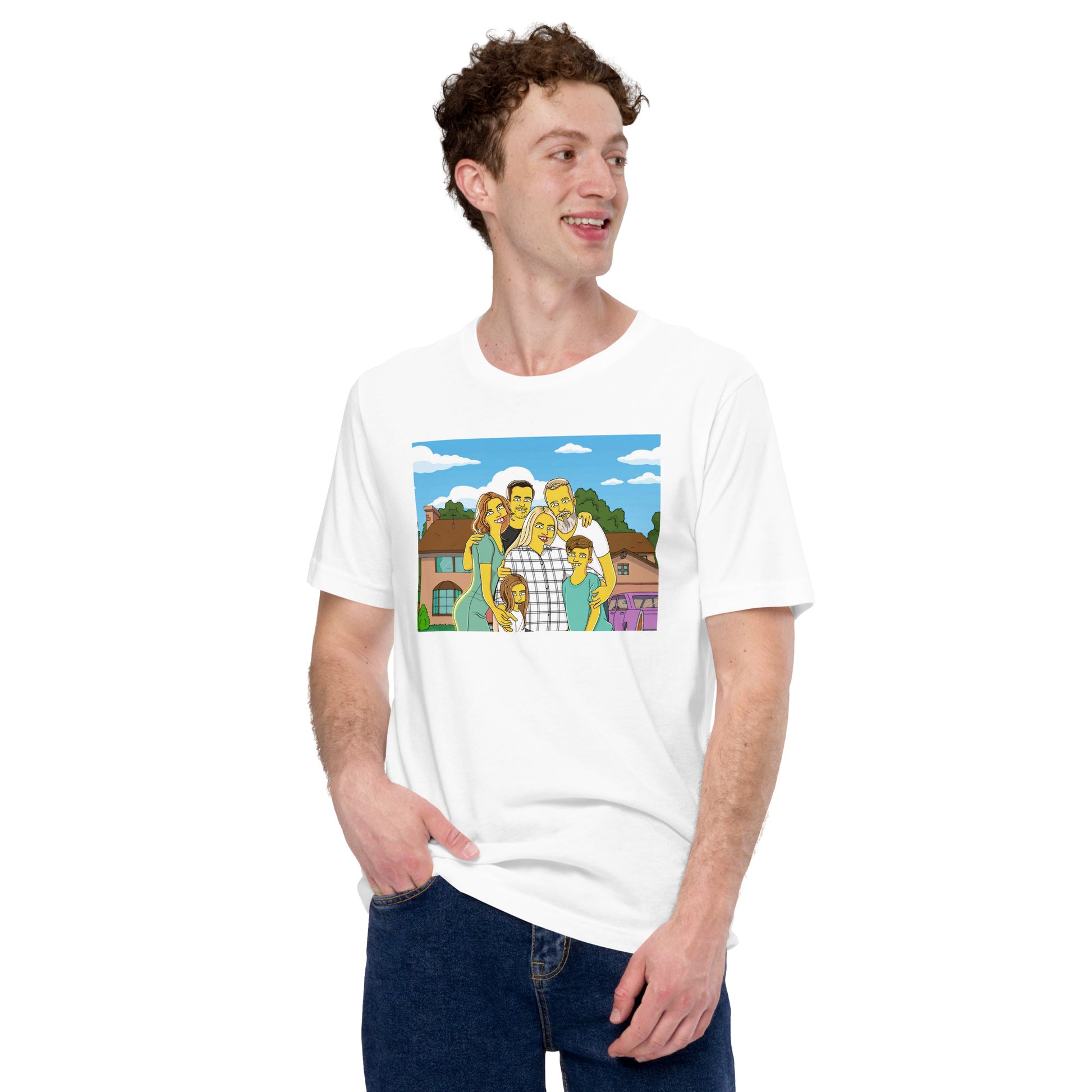 Wearable custom Simpsons T-shirt showcasing a family portrait, cartoon style. Personalized gifts for family, friends, and