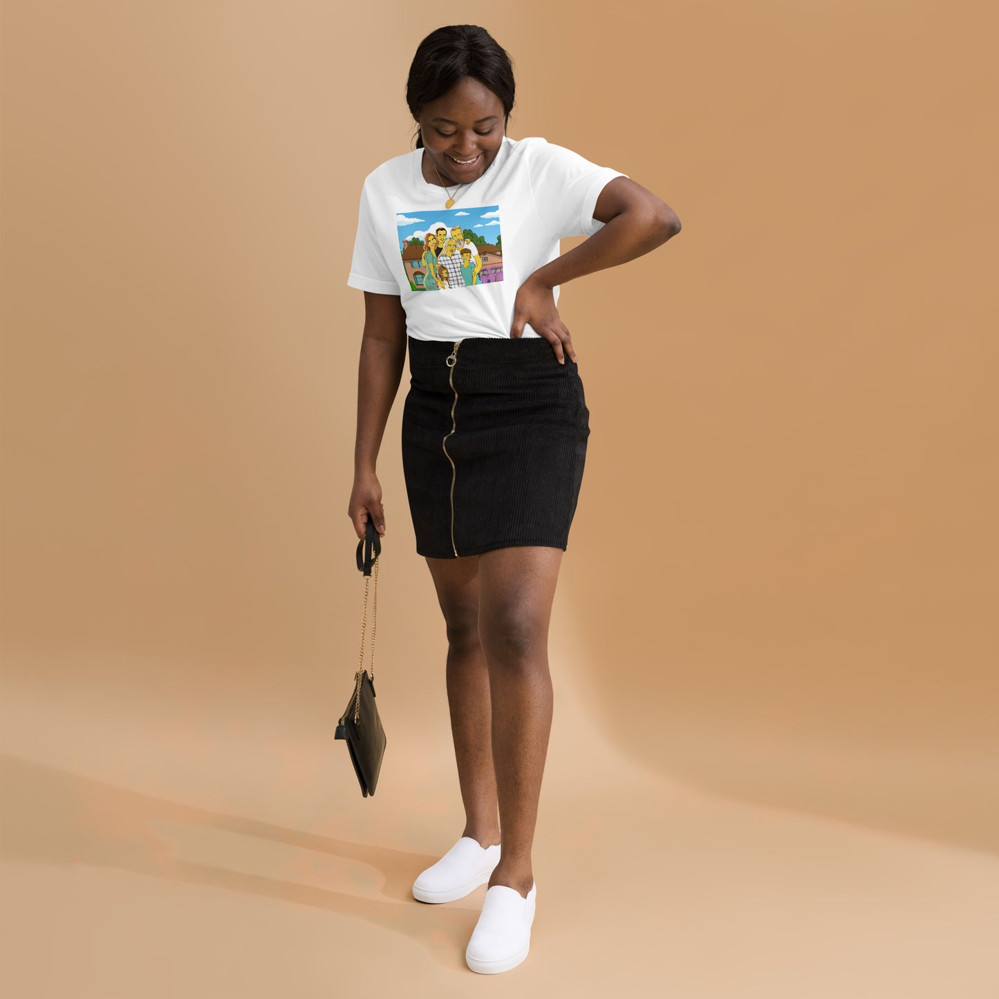Person wearing a custom Simpsons t-shirt, accessorized with a skirt, purse, and sneakers.