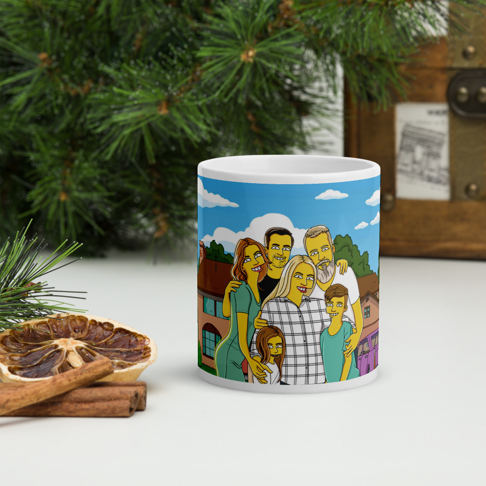 Custom Simpsons mug showcasing a personalized family portrait in the iconic cartoon style, making a unique, fun gift.