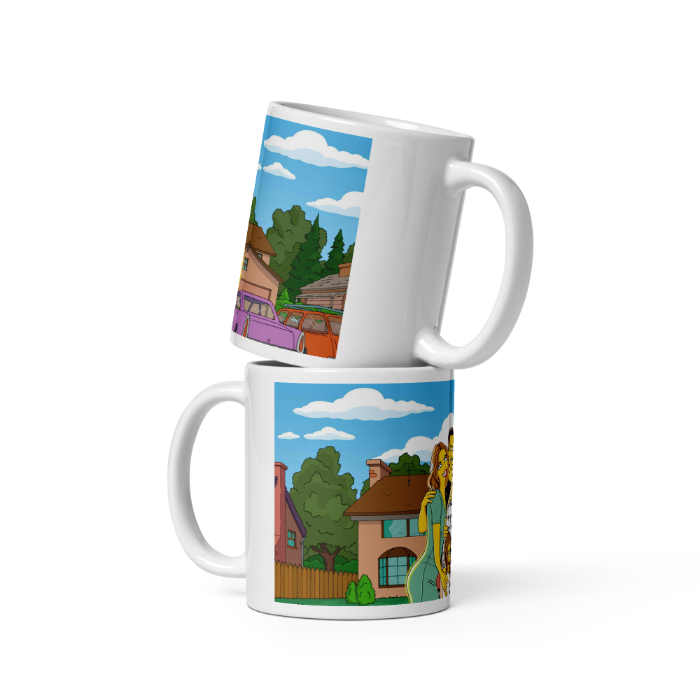 Custom Simpsons Mug showing personalized cartoon family in Springfield neighborhood scene.