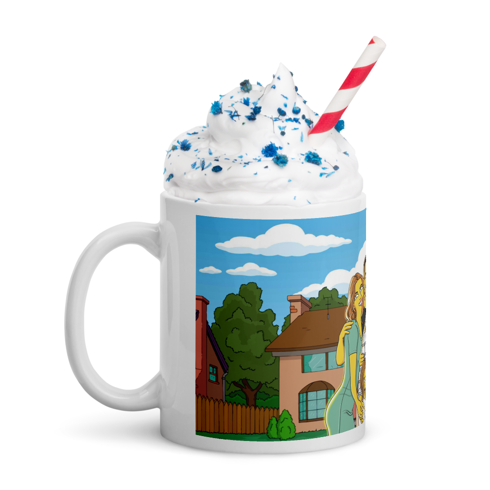Custom mug featuring a couple in the Simpsons' iconic style, Simpsons house background, fun, personalized gift.