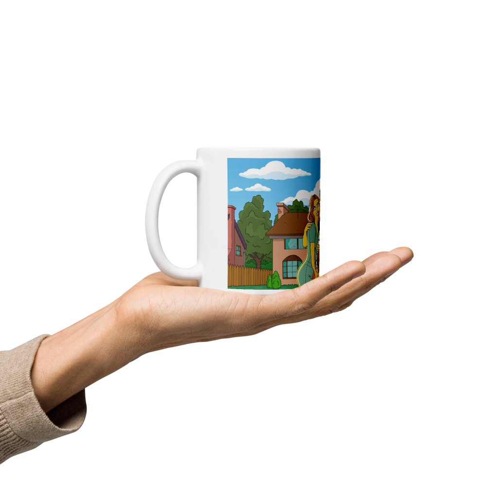 Custom Simpsons mug design showcasing a character against a Springfield neighborhood backdrop, held in hand for scale.