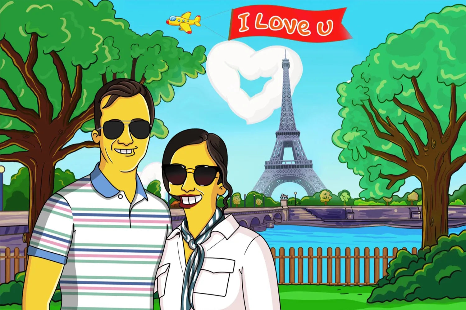 Custom Simpsons Portrait: Couple in Paris cartoon with "I Love U" banner & Eiffel Tower backdrop. Unique animated gift.