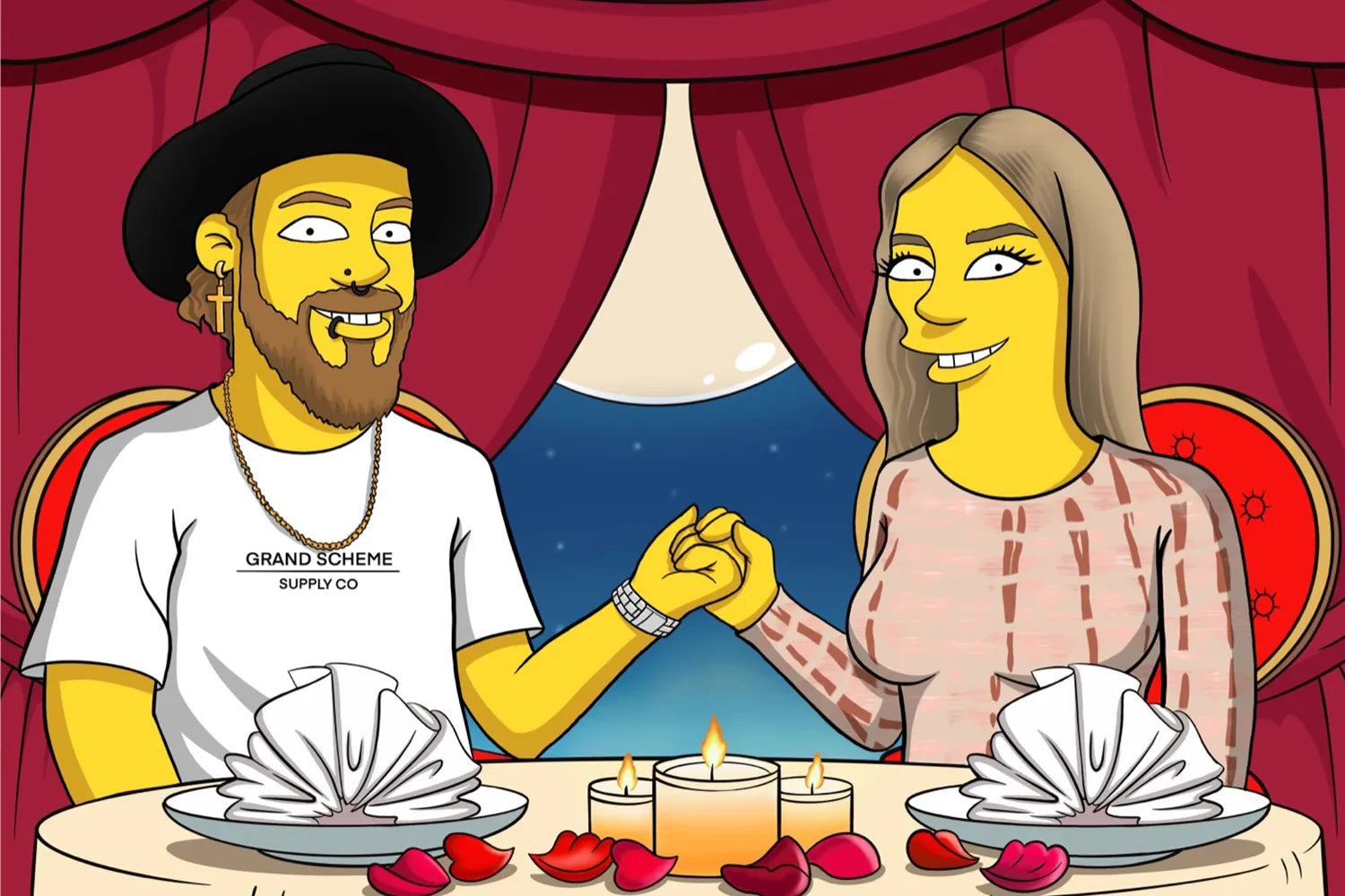 Custom Simpsons Portrait: Romantic date illustration of a couple holding hands. "Grand Scheme Supply Co" on his shirt.