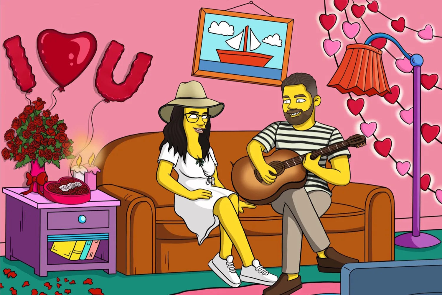 Personalized Simpsons portrait showcasing a romantic couple, ideal as a unique custom gift for anniversaries and Valentine's