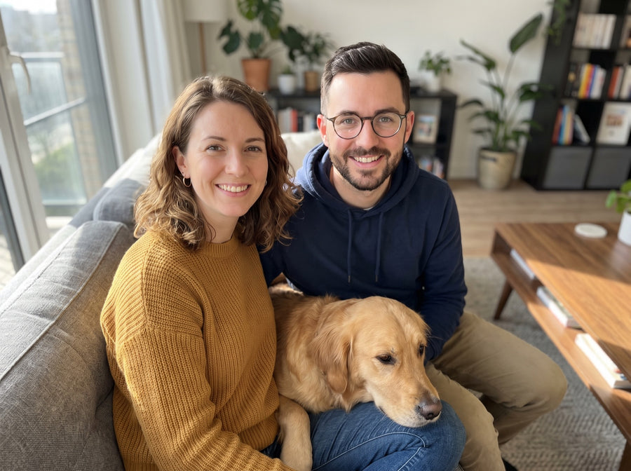 Example photo of a couple with their dog on a sofa