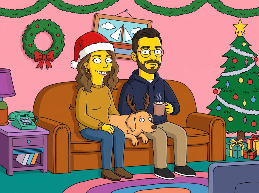 The same couple drawn as yellow cartoon characters on the couch at Christmas