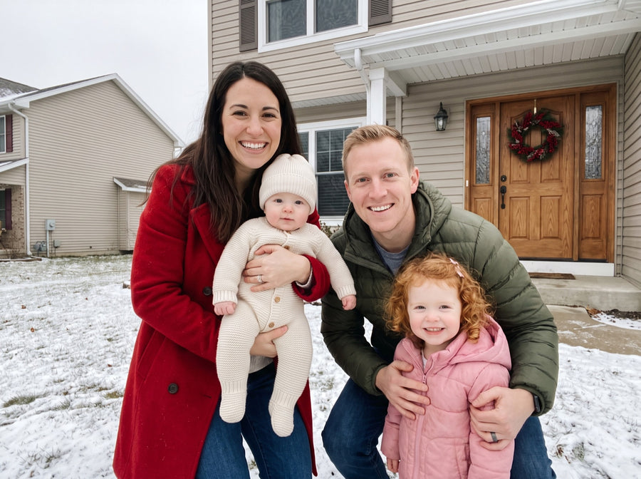 Example photo of a family with a baby and a toddler in front of their house in winter