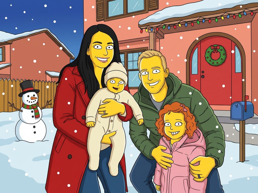 The same family drawn as yellow cartoon characters in front of a snowy cartoon house with Christmas lights