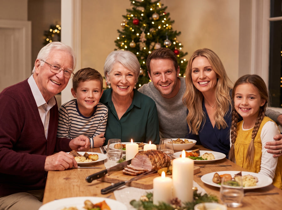 Example photo of a three-generation family at a holiday dinner table