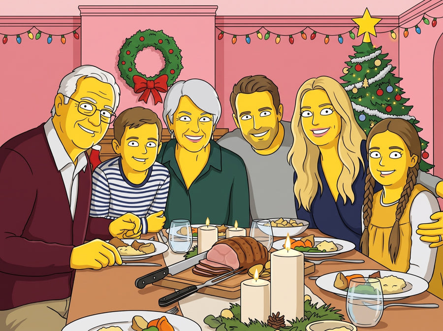 The same three-generation family drawn as yellow cartoon characters at a Christmas dinner table